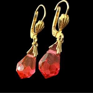 Germany Marked Gold-Tone Drop Earrings with Red Crystal Teardrops